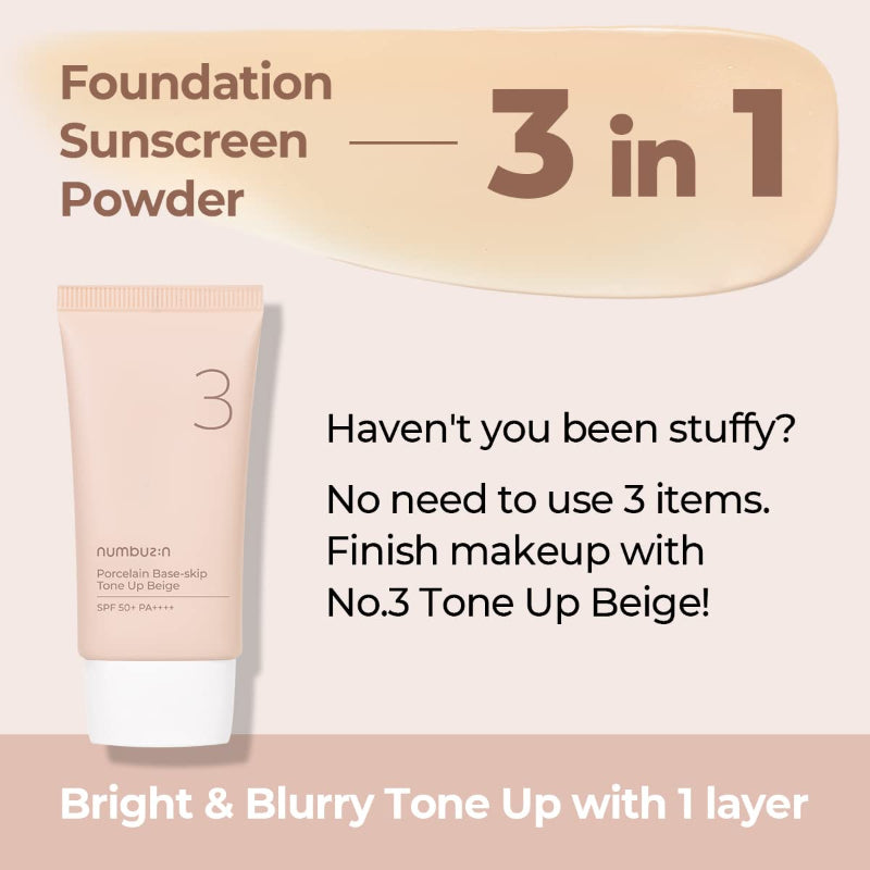 Numbuzin No.3 Porcelain Base skip Tone Up Beige SPF50+