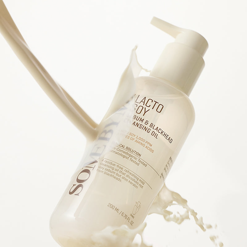 Lacto Soy blemish and blackhead cleansing oil with pump on a white background