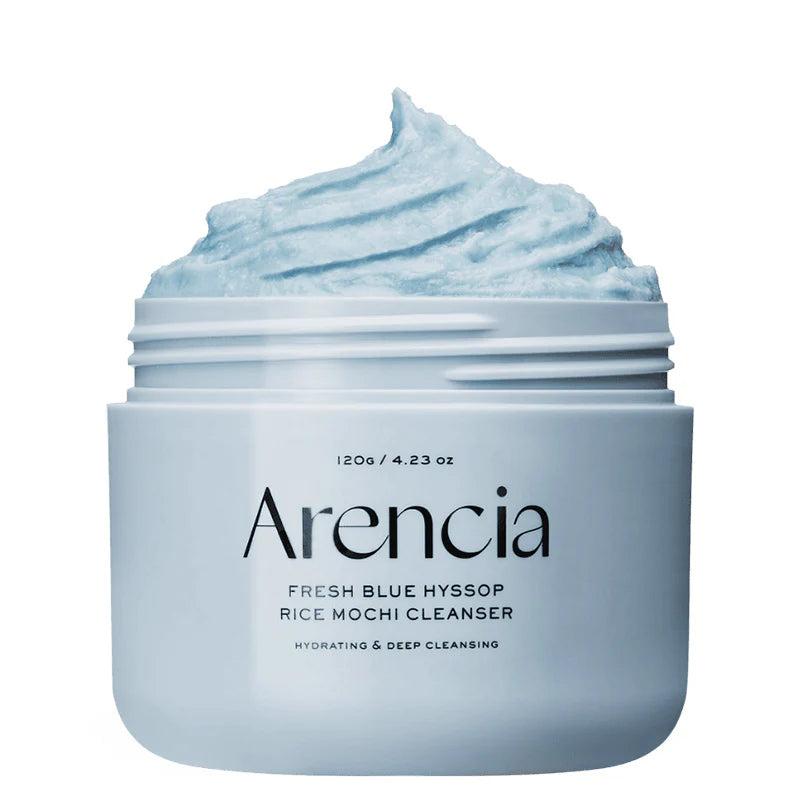 Jar of Arencia Fresh Blue Hyssop Rice Mochi Cleanser with blue cream on a white background