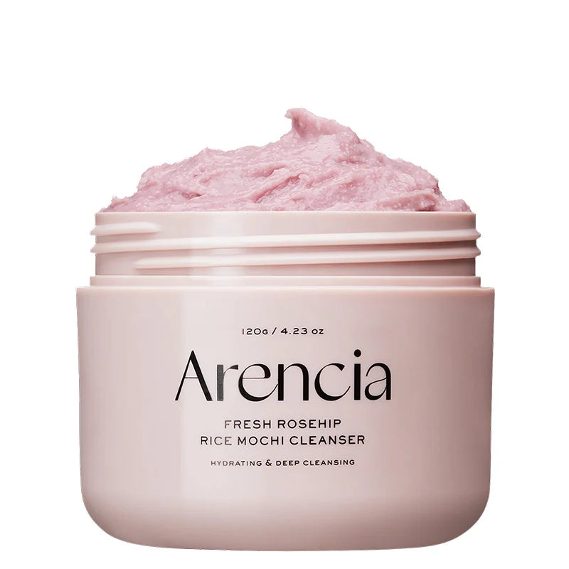 Pink jar of Arencia Fresh Rosehip Rice Mochi Cleanser on a white background